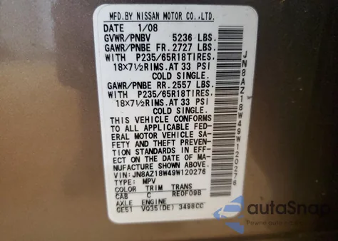 2009 Nissan Murano S z USA, uszkodzony, nr VIN JN8AZ18W49W120276